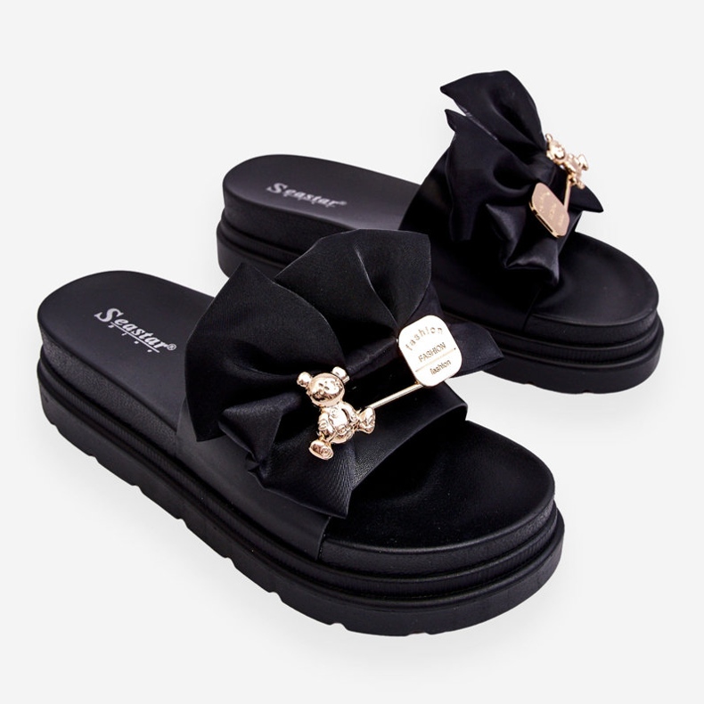 PE1 Pantofole Con Fiocco E Orsacchiotto Decorativo Black Suzy nero 1
