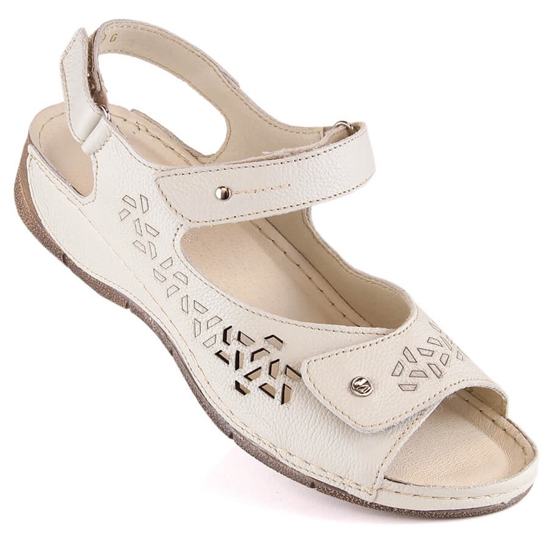 Comodi sandali da donna in pelle con cinturini in velcro Ekri Helios 266-2 beige 1