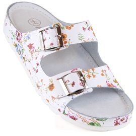 Comode infradito da donna in pelle con fiori Helios 288 bianca 2