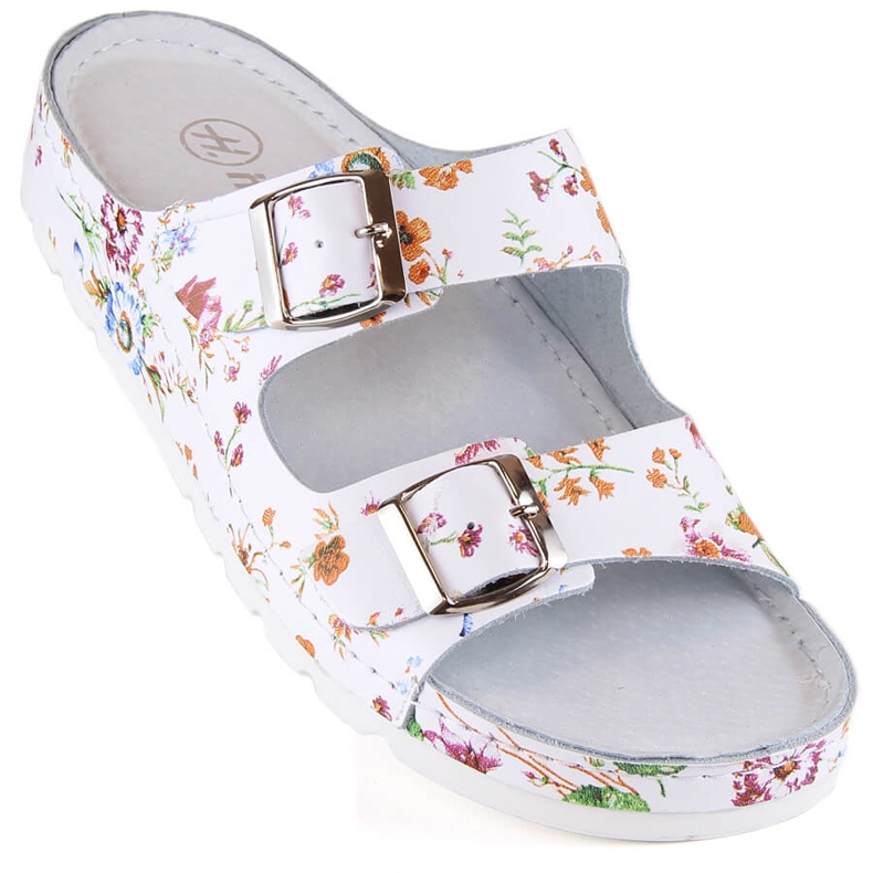 Comode infradito da donna in pelle con fiori Helios 288 bianca 2