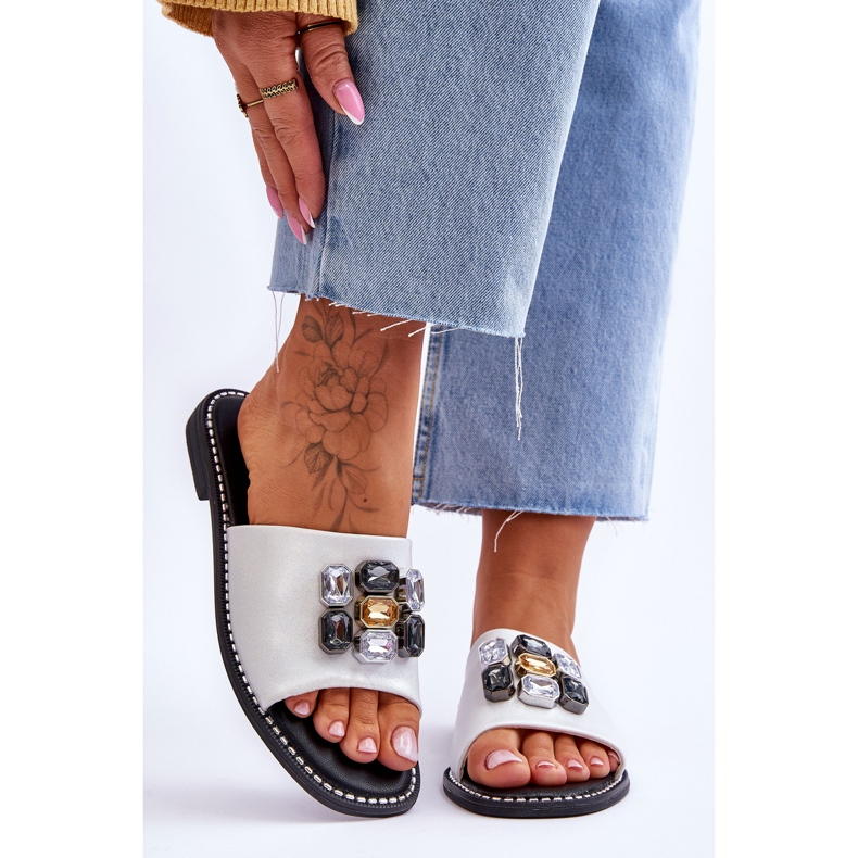 Pantofole Donna Con Pietre S.Barski KV-2775-31 Bianco-Argento bianca 1