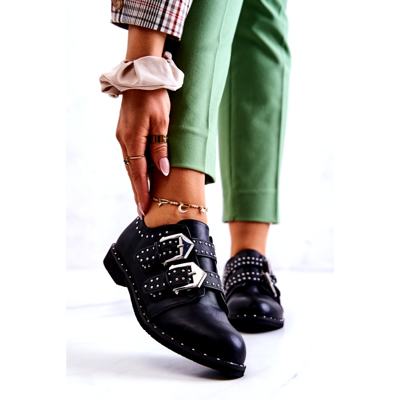 LU BOO Scarpe da donna eco-piuma con fibbie e borchie nere nero 1
