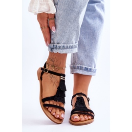 FRJ Sandali Donna Piatto Suede Boho Nero Lucami 1