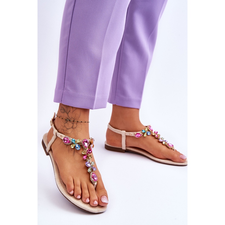 Infradito In Pelle Scamosciata Con Pietre Beige Frency 2