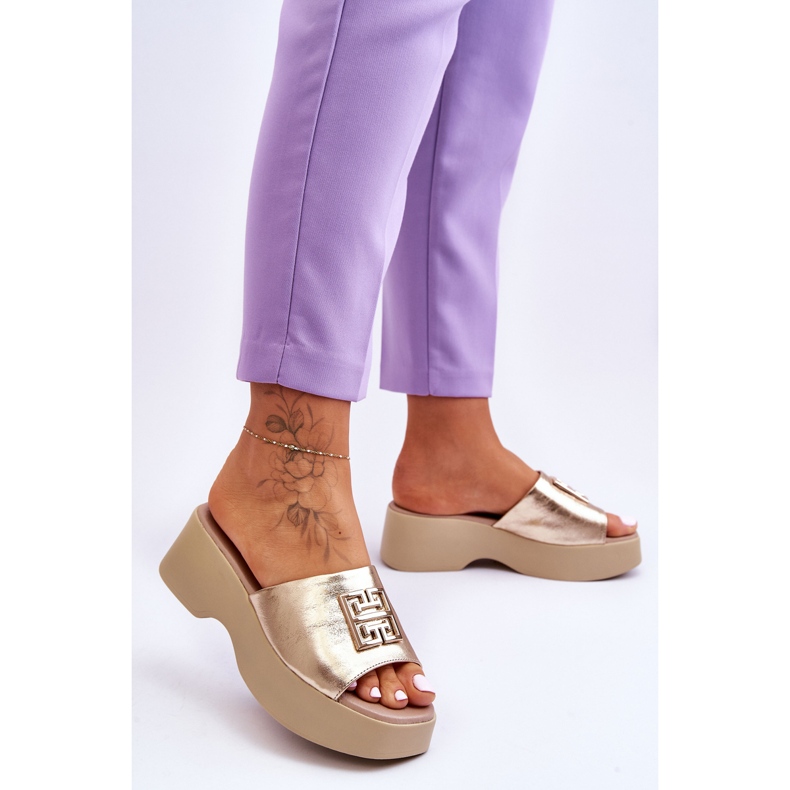 Lemar Pantofole Platform Donna In Pelle Con Decorazione Renna Dorata d'oro 2
