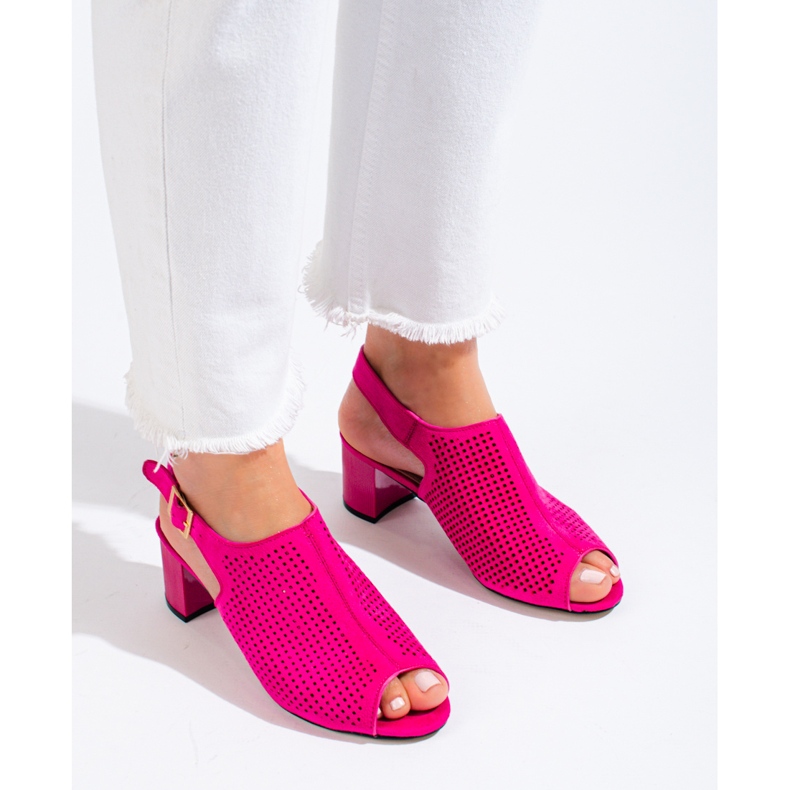 Sandali da donna con tacco in camoscio fucsia traforato Shelovet rosa 1