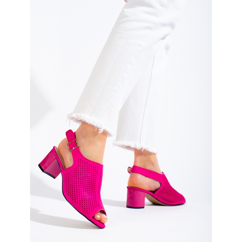 Sandali da donna con tacco in camoscio fucsia traforato Shelovet rosa 2