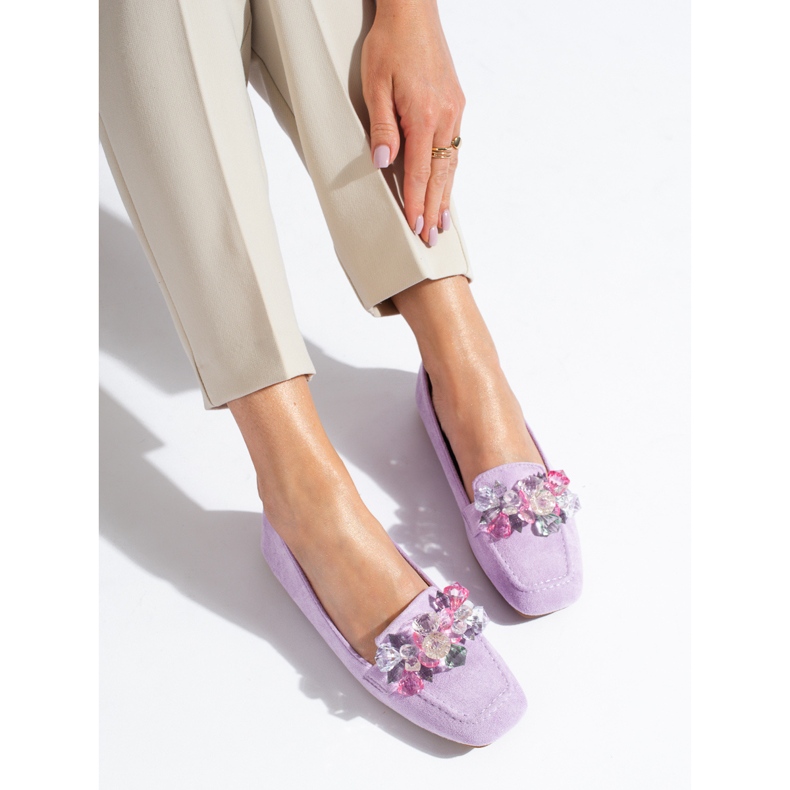 Mocassino Shelovet in camoscio viola con pietre 1