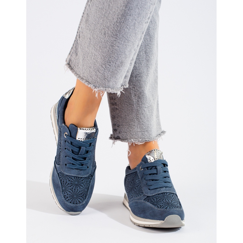 Sneakers da donna in pelle con zeppa Shelovet blu navy 2